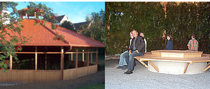 Zwei Bilder zeigen ein Pavillon mit rotem Dach und eine Gruppe von Menschen, die um einen Holztisch sitzen. Der Pavillon hat Glasfenster und ist von Bäumen umgeben.