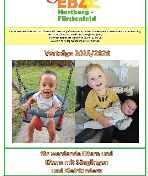 Eine Werbung für das Elternberatungszentrum Hartberg-Fürstenfeld mit zwei Fotos von Babys und Kleinkindern, Bildunterschriften, Kontaktdaten und einem Website-Link.