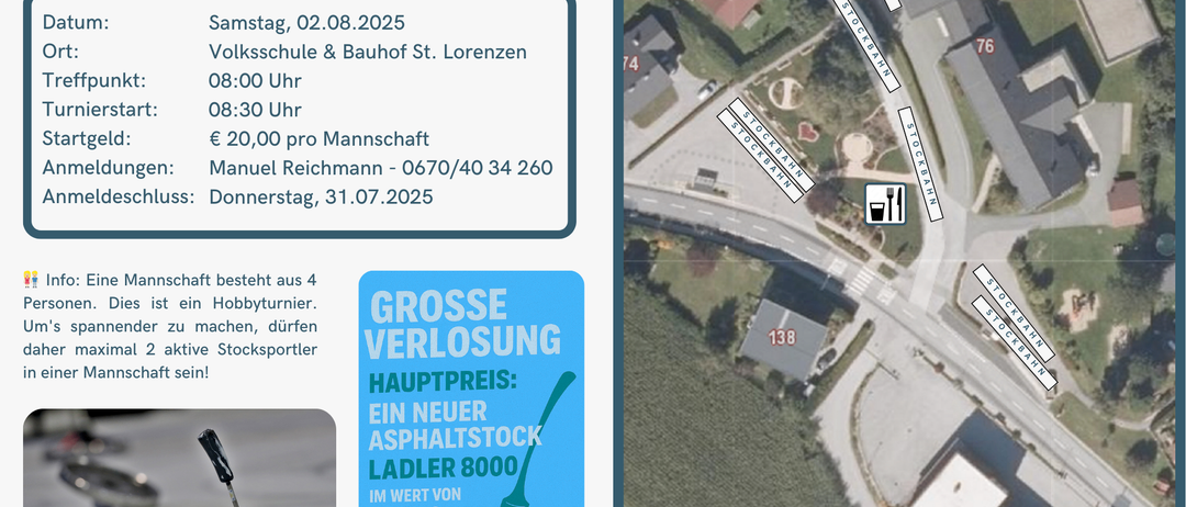 Bild einer Veranstaltungsanzeige für eine alte Stockversteigerung am Samstag, 2. August 2025. Es enthält eine Karte mit Nummern und Text.