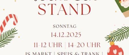 Plakat für Glühwein Stand am Sonntag, 14.12.2025, von 11-12 und 14-20 Uhr. JS Markt mit Essen, Trinken und Kinderanimation. Die Jugend freut sich auf Ihren Besuch.