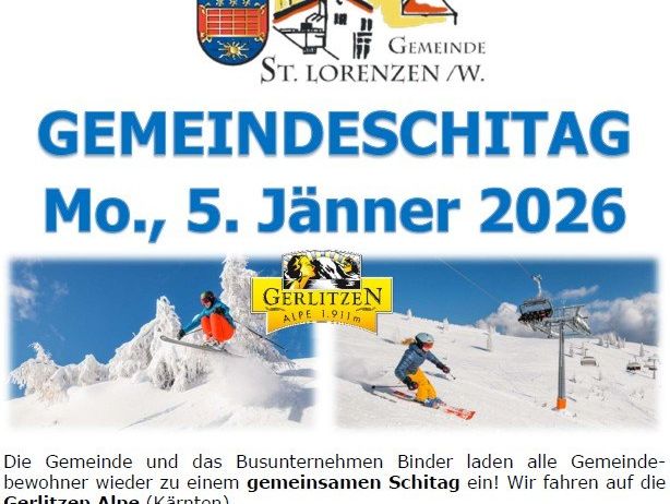 Plakat für den Gemeindeskitag am 5. Jänner 2026 in St. Lorenzen, Österreich. Es zeigt zwei Skifahrer auf den Gerlitzen Alpen, ein Gemeindewappen und Kontaktdaten.