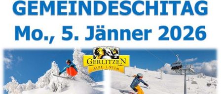 Plakat für den Gemeindeskitag am 5. Jänner 2026 in St. Lorenzen, Österreich. Es zeigt zwei Skifahrer auf den Gerlitzen Alpen, ein Gemeindewappen und Kontaktdaten.