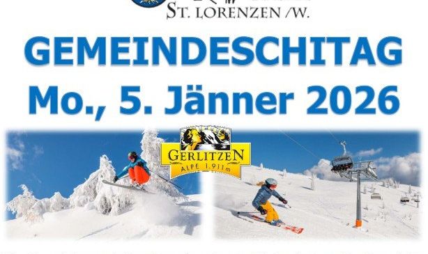Plakat für den Gemeindeskitag am 5. Jänner 2026 in St. Lorenzen, Österreich. Es zeigt zwei Skifahrer auf den Gerlitzen Alpen, ein Gemeindewappen und Kontaktdaten.