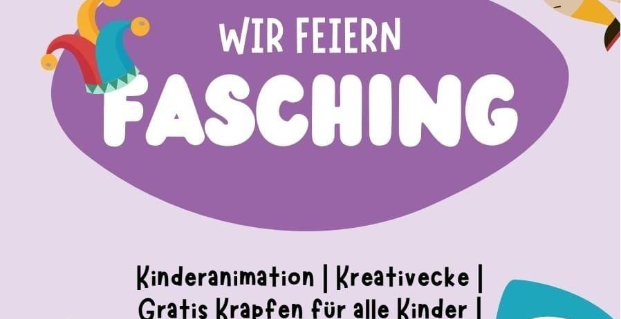 Plakat für eine Karnevalsveranstaltung 'Wir Feiern Fasching', mit Datum 15. Februar um 14 Uhr, mit Kinderanimation, kreativen Aktivitäten und kostenlosen Süßigkeiten für Kinder. Die Veranstaltung beginnt am Dorfplatz und endet im Kulturhaus.