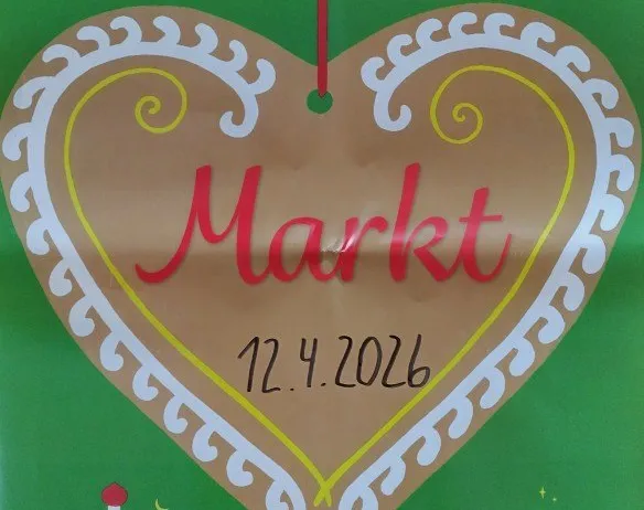 Ein Plakat für eine Marktveranstaltung in St. Lorenzen am Wechsel am 12. April 2026 mit Herzform und Illustrationen von Häusern und Kindern.