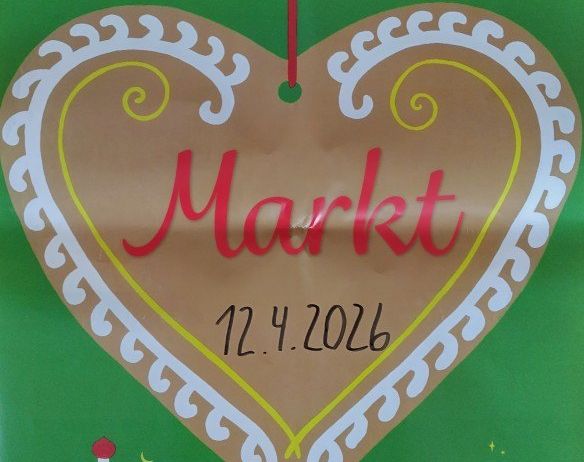 Ein Plakat für eine Marktveranstaltung in St. Lorenzen am Wechsel am 12. April 2026 mit Herzform und Illustrationen von Häusern und Kindern.