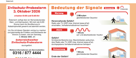 Plakat für einen Zivilschutzalarm in Österreich, datiert auf den 3. Oktober 2026. Es enthält ein Warnsignal, Alarmsignal und Ende-der-Gefahr-Signal, jeweils mit einer bestimmten Dauer und Anweisungen, das Radio oder den Fernseher auszuschalten oder das Internet zu überprüfen. Es bietet auch Kontaktinformationen für weitere Details.