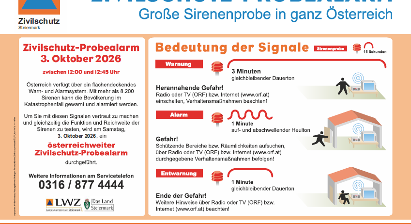 Plakat für einen Zivilschutzalarm in Österreich, datiert auf den 3. Oktober 2026. Es enthält ein Warnsignal, Alarmsignal und Ende-der-Gefahr-Signal, jeweils mit einer bestimmten Dauer und Anweisungen, das Radio oder den Fernseher auszuschalten oder das Internet zu überprüfen. Es bietet auch Kontaktinformationen für weitere Details.