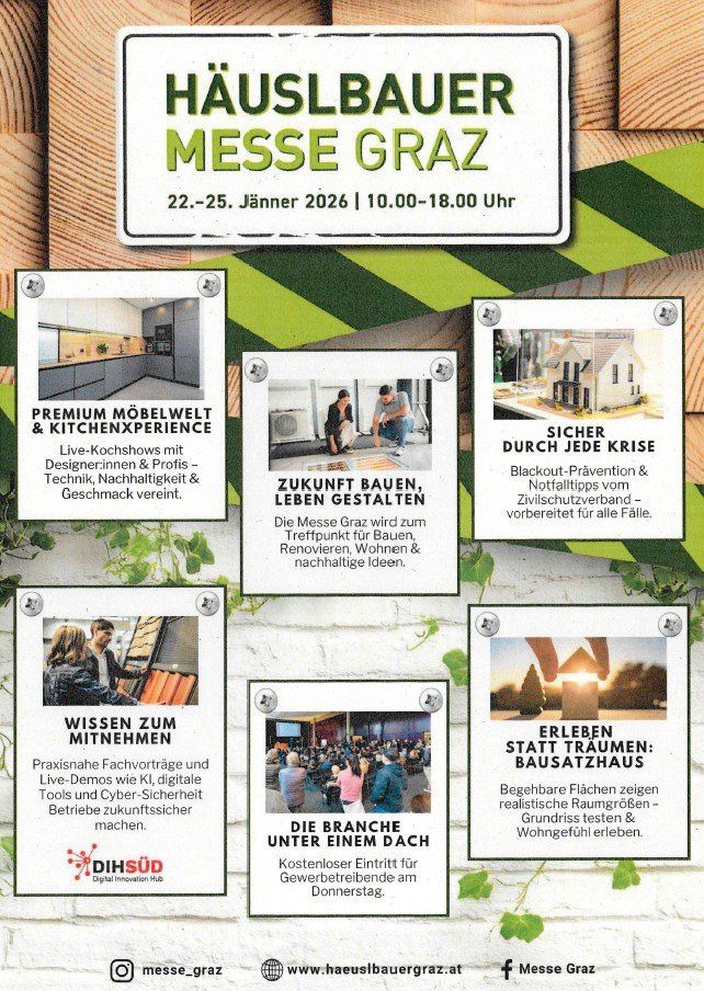 Die Hauslebauer Messe Graz bietet Live-Kochshows, professionelle Design- und Technologievorführungen sowie zukunftssichere Betriebswerkzeuge. Sie findet vom 22. bis 25. Januar 2026 von 10:00 bis 18:00 Uhr statt.