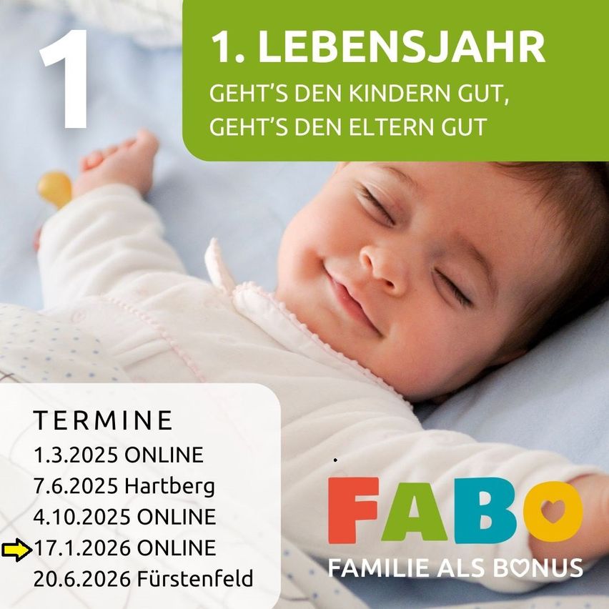 Eine Werbung mit einem schlafenden Baby, mit dem Text '1. LEBENSJAHR.' Es werden Termine für Online- und Offline-Events hervorgehoben, darunter '1.3.2025 ONLINE' und '7.6.2025 Hartberg.' Der Slogan 'FABO - FAMILIE ALS BONUS' ist ebenfalls sichtbar.