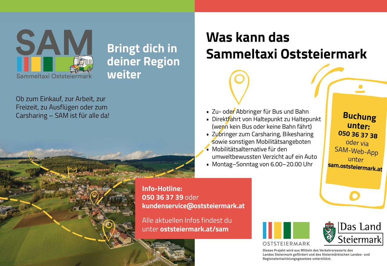 The image promotes the Sammeltaxi Oststeiermark service, highlighting its benefits. It can be used for work, travel, and other purposes. Services include transportation to and from bus and train stations, carsharing, bikesharing, and environmental-friendly car services. Contact info includes a phone number and email.