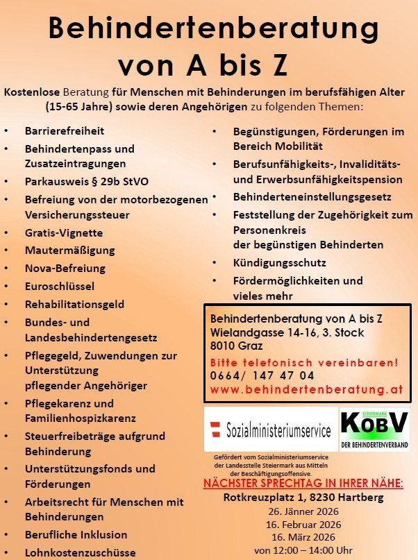 Poster for free counseling for people with disabilities in working age (15-65 years) and their relatives on topics like barrier-free access, disability pass, and more. Contact information and upcoming dates listed.