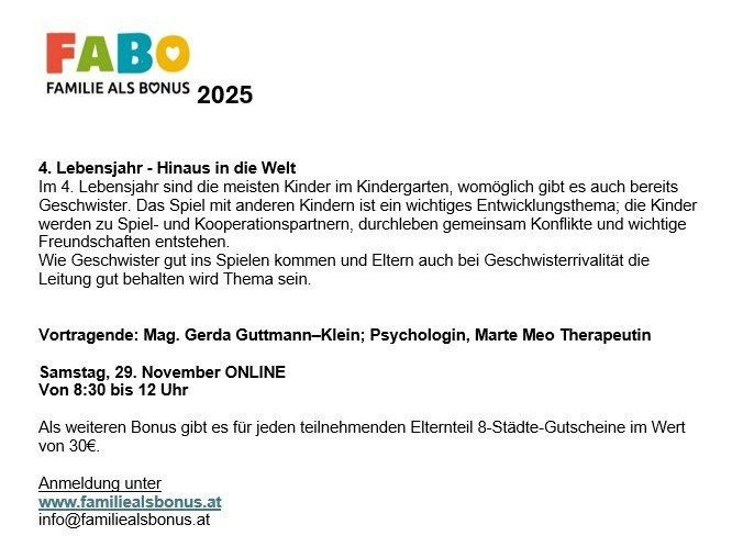 Plakat für 'Familie als Bonus 2025', mit einem Artikel über das 4. Lebensjahr, der die Bedeutung des Spiels mit Geschwistern und Freunden diskutiert und einen Vortrag von Mag. Gerda Guttmann-Klein am 29. November vorstellt, mit Anmeldeinformationen.
