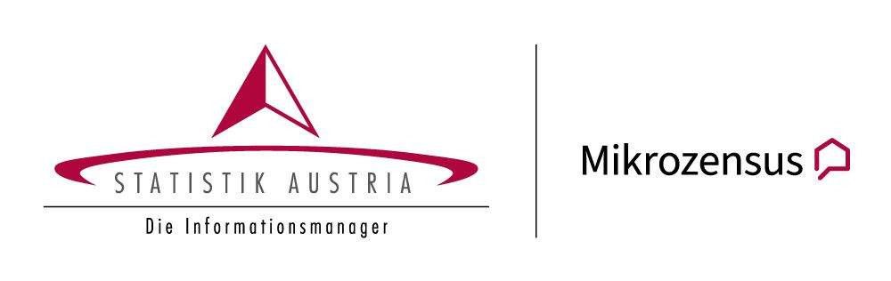 Das Bild zeigt das Logo von 'Statistik Austria', ein dreieckiges Design mit 'STATISTIK AUSTRIA' in fetten Buchstaben und 'Die Informationsmanager' darunter. Daneben steht das Wort 'Mikrozensus' prominent.