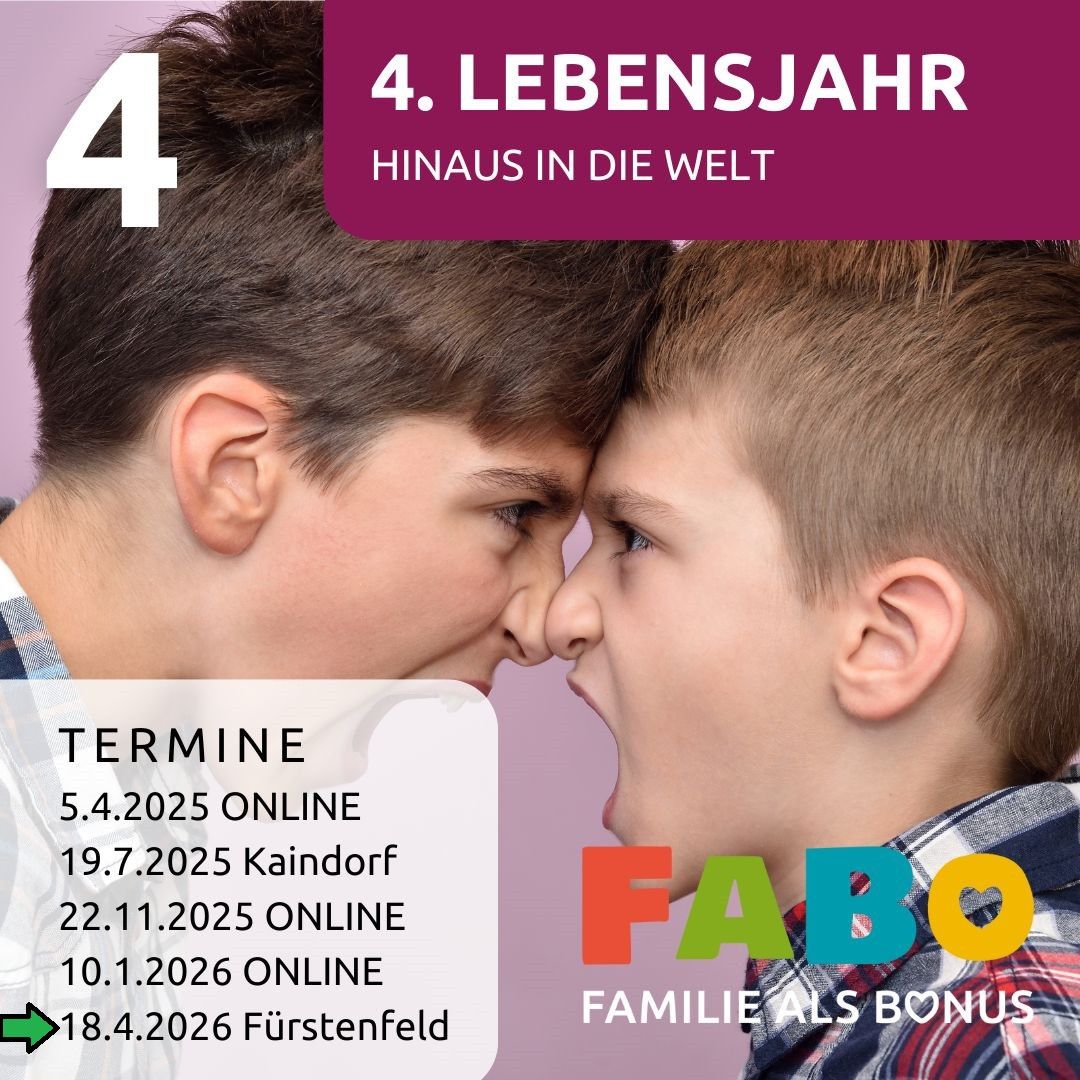 Werbung für einen Familienkurs. Es steht 4. Lebensjahr. Termine und Orte werden angegeben. Zwei Jungen streiten.
