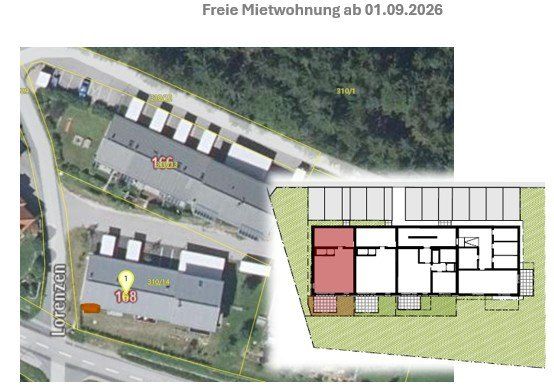 Eine Karte, die einen Luftbild eines Gebäudekomplexes mit einem markierten hervorgehobenen Standort als 168 zeigt. Der Komplex besteht aus einem großen Gebäude mit mehreren Einheiten, umgeben von einem Parkplatz. Die Karte enthält nummerierte Gebäude und eine beschriftete Straße, 'Lorentz.' Es gibt auch einen Grundriss eines Gebäudes mit verschiedenen Räumen und Bereichen.