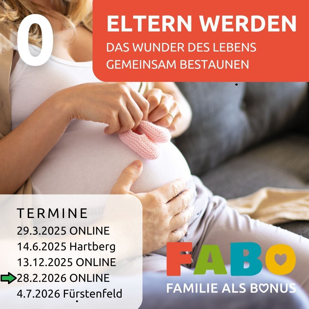 Eine schwangere Frau hält ihren Bauch, während ein Babys rosa gestrickte Schuhe in ihren Händen gehalten werden. Der Text lautet 'Eltern werden' und 'Das Wunder des Lebens gemeinsam bestaunen'. Termine für Online- und Ortsveranstaltungen sind aufgelistet.