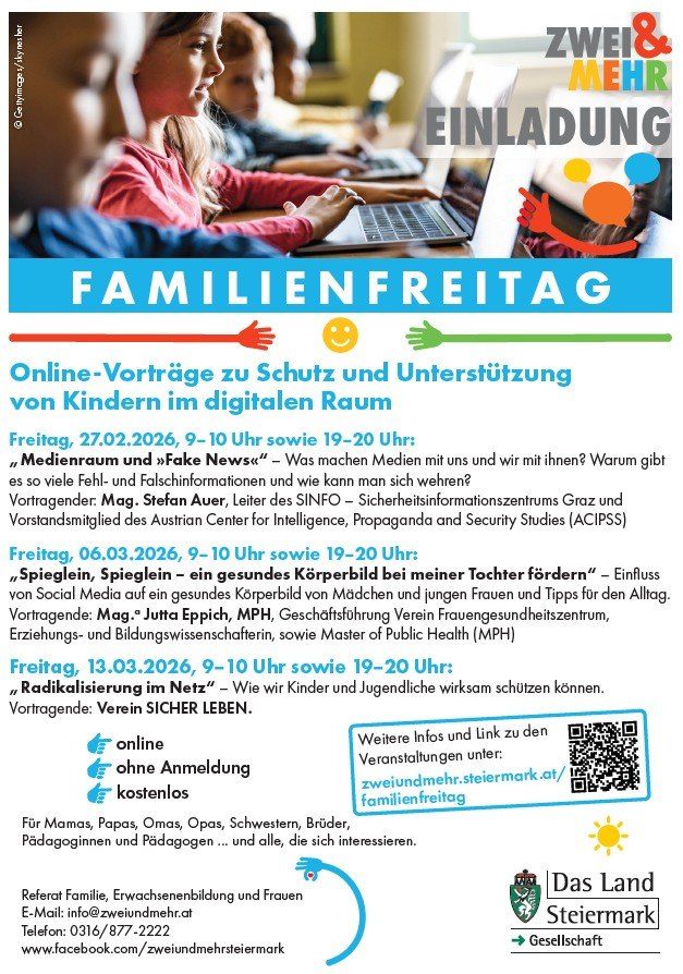Plakat für Online-Vorträge zum Schutz und zur Unterstützung von Kindern im digitalen Raum. Drei Vorträge an verschiedenen Terminen mit Rednern zu Medienkompetenz, Social-Media-Einfluss und Online-Radikalisierung. Keine Anmeldung erforderlich, kostenlos.