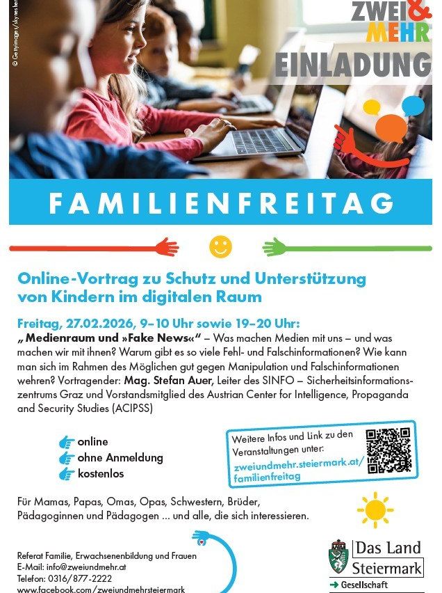 Einladung zu einem Online-Vortrag zum Schutz und zur Unterstützung von Kindern im digitalen Raum. Der Vortrag mit dem Titel 'Medienraum und Fake News' ist für Freitag, den 27.02.2026, um 9-10 Uhr und 19-20 Uhr geplant. Der Vortrag behandelt, was Medien mit uns machen und was wir mit ihnen machen. Er beleuchtet, warum es so viele Fehler und Fehlinformationen gibt und wie man sich gegen Manipulation und Fehlinformationen wehren kann.