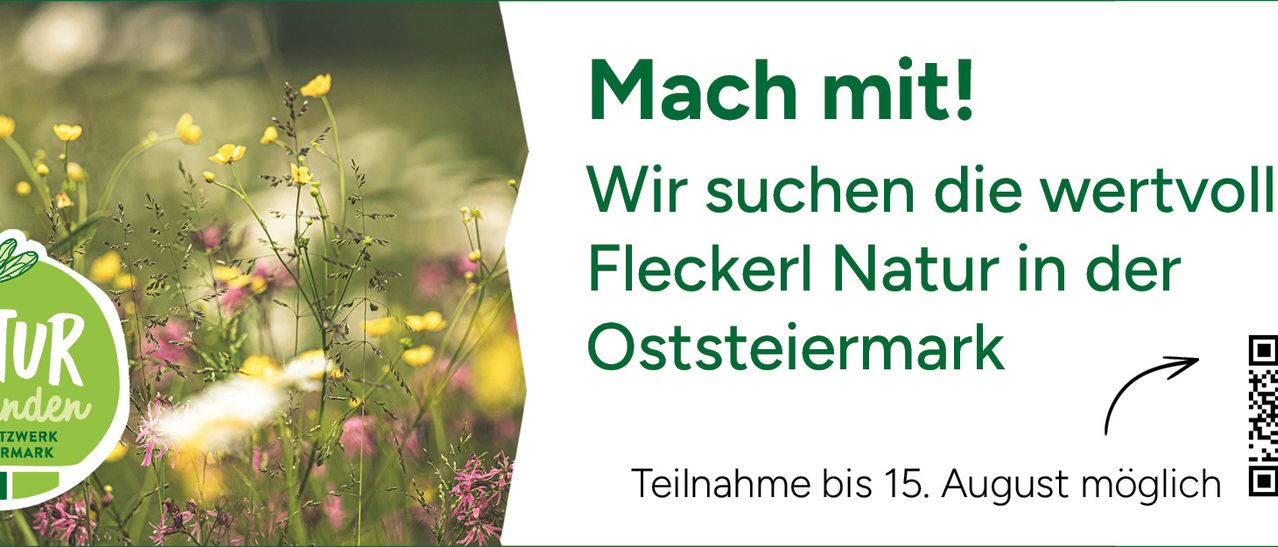 Ein Plakat mit Blumenhintergrund und grünem Text, das zur Teilnahme an einem Naturprojekt in Oststeiermark einlädt. Der Text lautet 'Mach mit!' und 'Wir suchen Flecken Natur Oststeiermark'. Es wird eine Anmeldefrist erwähnt.