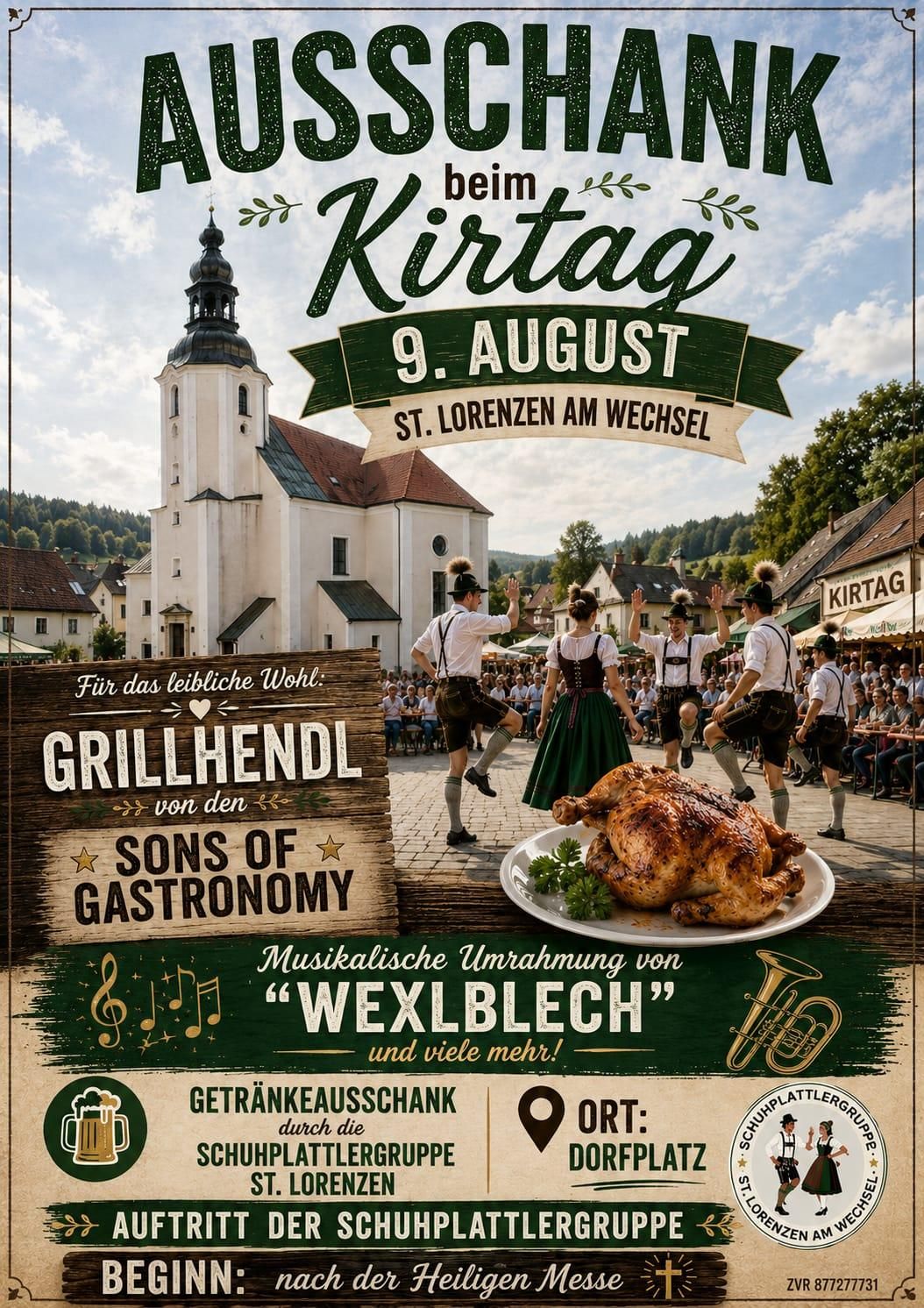 Poster for the Kirchtag festival in St. Lorenz am Wechsel, featuring traditional dancers, a roasted chicken, and a church in the background. The event promises music, gastronomy, and more.