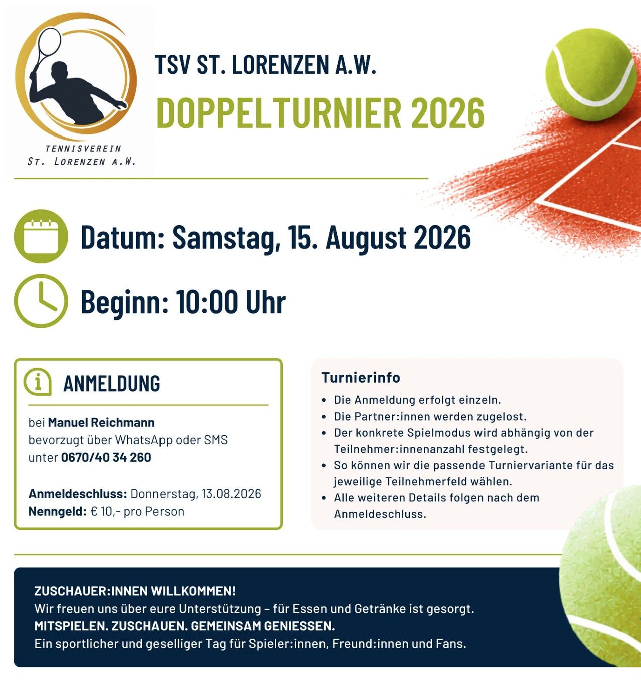 Tennis tournament flyer for TSV St. Lorenzen A.W. Doubles Tournament 2026, scheduled for Saturday, August 15, 2026, starting at 10:00 AM. Registration is required, with a fee of €10 per person. Contact Manuel Reichmann for registration.