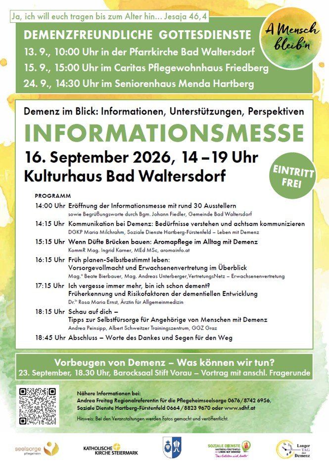 Plakat für eine Informationsveranstaltung über Demenz mit dem Titel 'Demenz im Blick: Informationen, Unterstützungen, Perspektiven'. Die Veranstaltung ist für den 16. September 2026 von 14 bis 19 Uhr im Kulturhaus Bad Waltersdorf geplant. Das Plakat enthält einen Zeitplan der Aktivitäten und Redner.