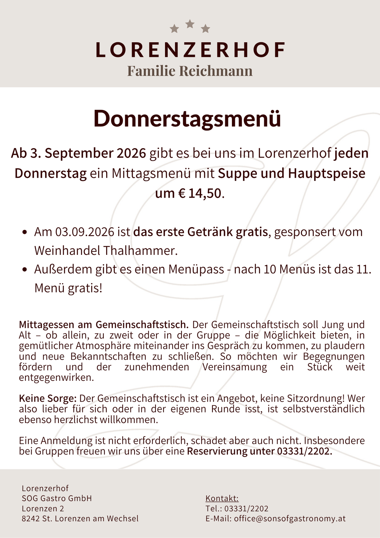 A menu for Thursdays at Lorenzhof starting September 3, 2026, offering soup and main dish for 14.50 euros. The first drink is free on September 3, 2026, sponsored by Weinhandel Thalhammer. After 10 menus, the 11th is free. Lunch at the community table encourages conversation and new friendships. No reservation required, but appreciated.