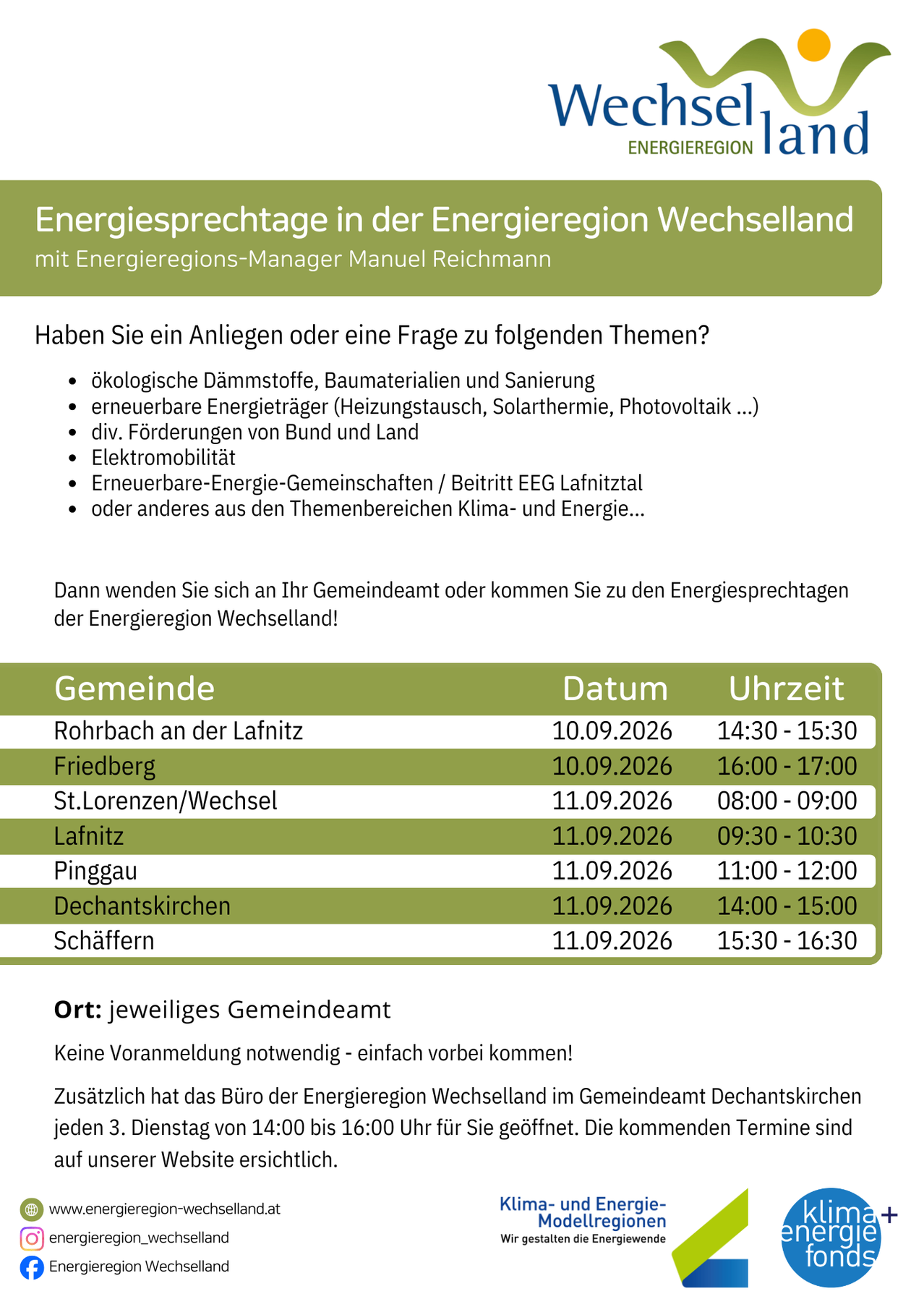 A flyer for energy consultation events in Wechselland with dates and times for various locations. The topics include ecological insulation, renewable energy sources, and more.