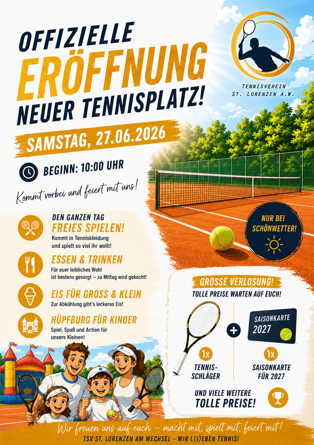 New tennis court opening event on June 27, 2026. Free tennis, food, drinks, and ice cream. Fun activities for kids. Only on sunny days.