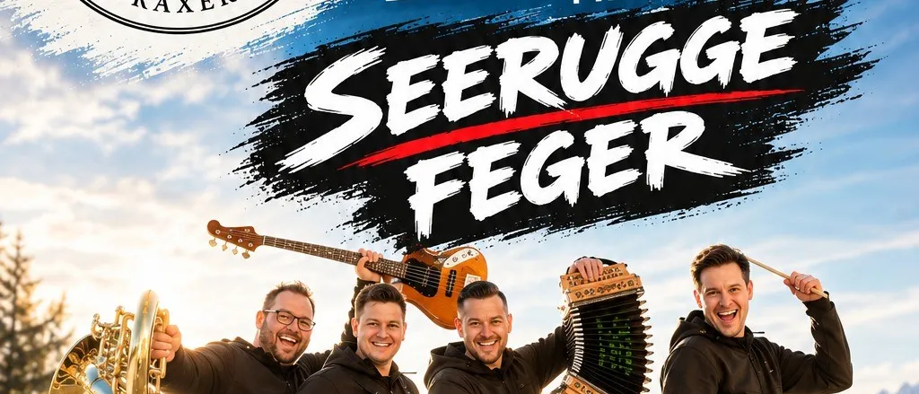 Vier Männer in schwarzen Jacken und Jeans stehen vor einer Bergkulisse und halten Musikinstrumente. Der Mann auf der linken Seite hält eine Trompete, der zweite Mann von links hält ein Akkordeon, der dritte Mann hält eine Gitarre und der Mann auf der rechten Seite hält eine Trommel. Der Text 'KONZERT MIT SEERUGG FEGER' ist über ihnen prominent angezeigt.