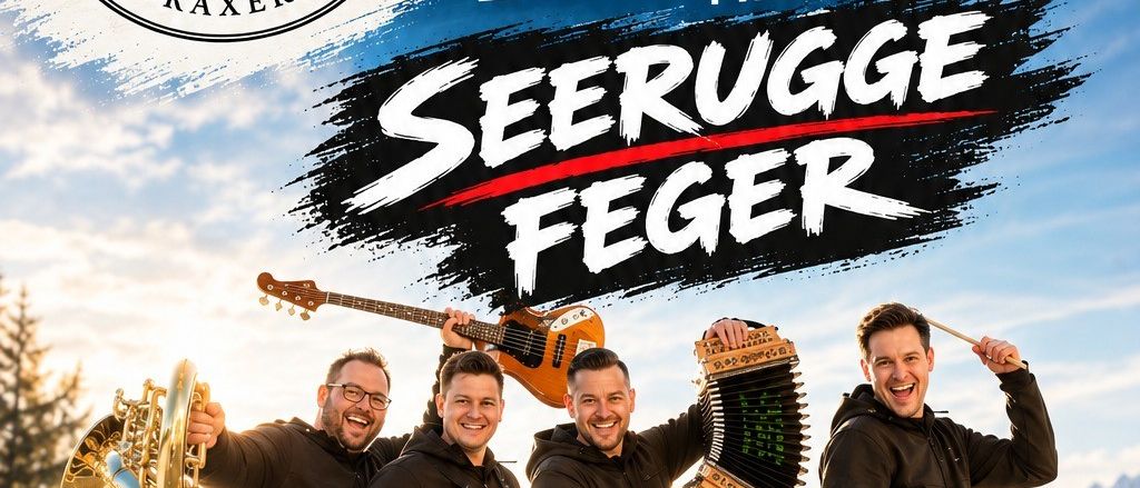 Vier Männer in schwarzen Jacken und Jeans stehen vor einer Bergkulisse und halten Musikinstrumente. Der Mann auf der linken Seite hält eine Trompete, der zweite Mann von links hält ein Akkordeon, der dritte Mann hält eine Gitarre und der Mann auf der rechten Seite hält eine Trommel. Der Text 'KONZERT MIT SEERUGG FEGER' ist über ihnen prominent angezeigt.