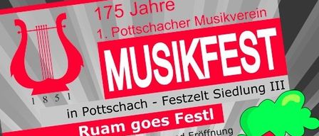 Plakat für das 175-jährige Jubiläum des Potscha Musikfestivals. Termine: 28., 29., 30. August. Zeiten: 19:30, 20:00, 9:30, 15:00. Eintrittspreise: 12€, 12€, frei. Sponsoren: Raika, Sparkasse, Eventkultur Terniz.