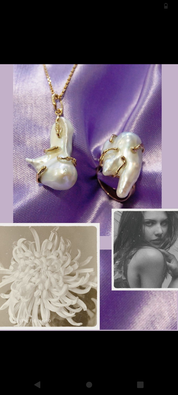 Eine Collage aus Luxusschmuck und Modefotografie. Zwei Perlenohrringe und ein Perlenring mit Goldakzenten auf einem lila Stoff. Unten sind Bilder einer weißen Chrysantheme und einer Frau in Schwarz-Weiß.