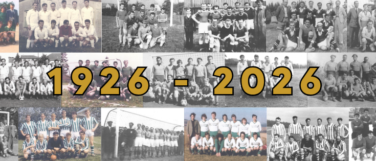 Mehrere Schwarz-Weiß-Fotos von Fußballmannschaften von 1926 bis 2026, in einem Raster angeordnet, mit den Jahren 1926 und 2026 prominent angezeigt.