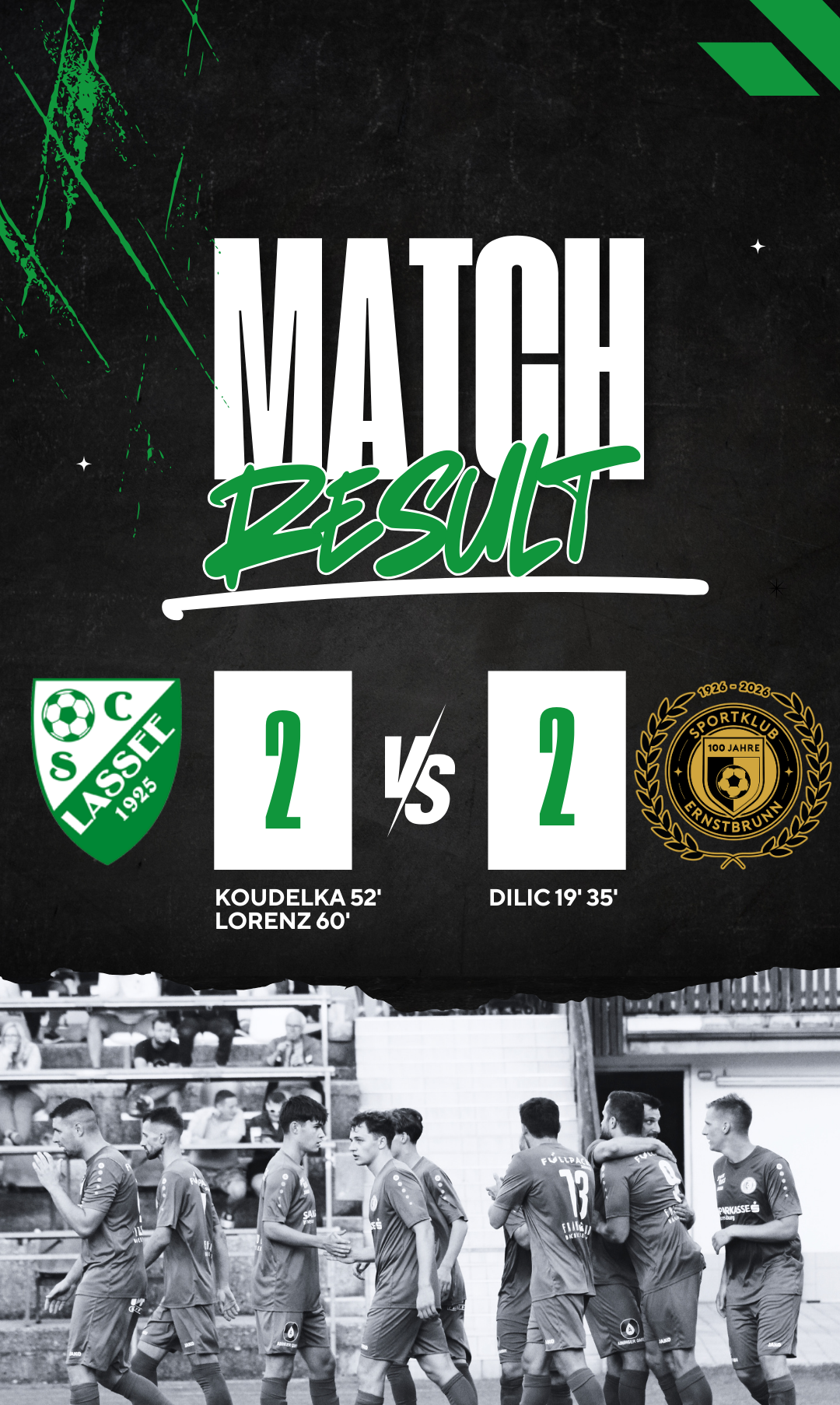 Ein Fußballspiel zwischen SC LASSEN und SPORTKLUB ERNSTBRUNN endete unentschieden mit 2:2. Tore erzielten KOUDELKA in der 52. Minute und LORENZO in der 60. Minute für SC LASSEN. DILIC traf zweimal für SPORTKLUB ERNSTBRUNN in der 19. und 35. Minute.