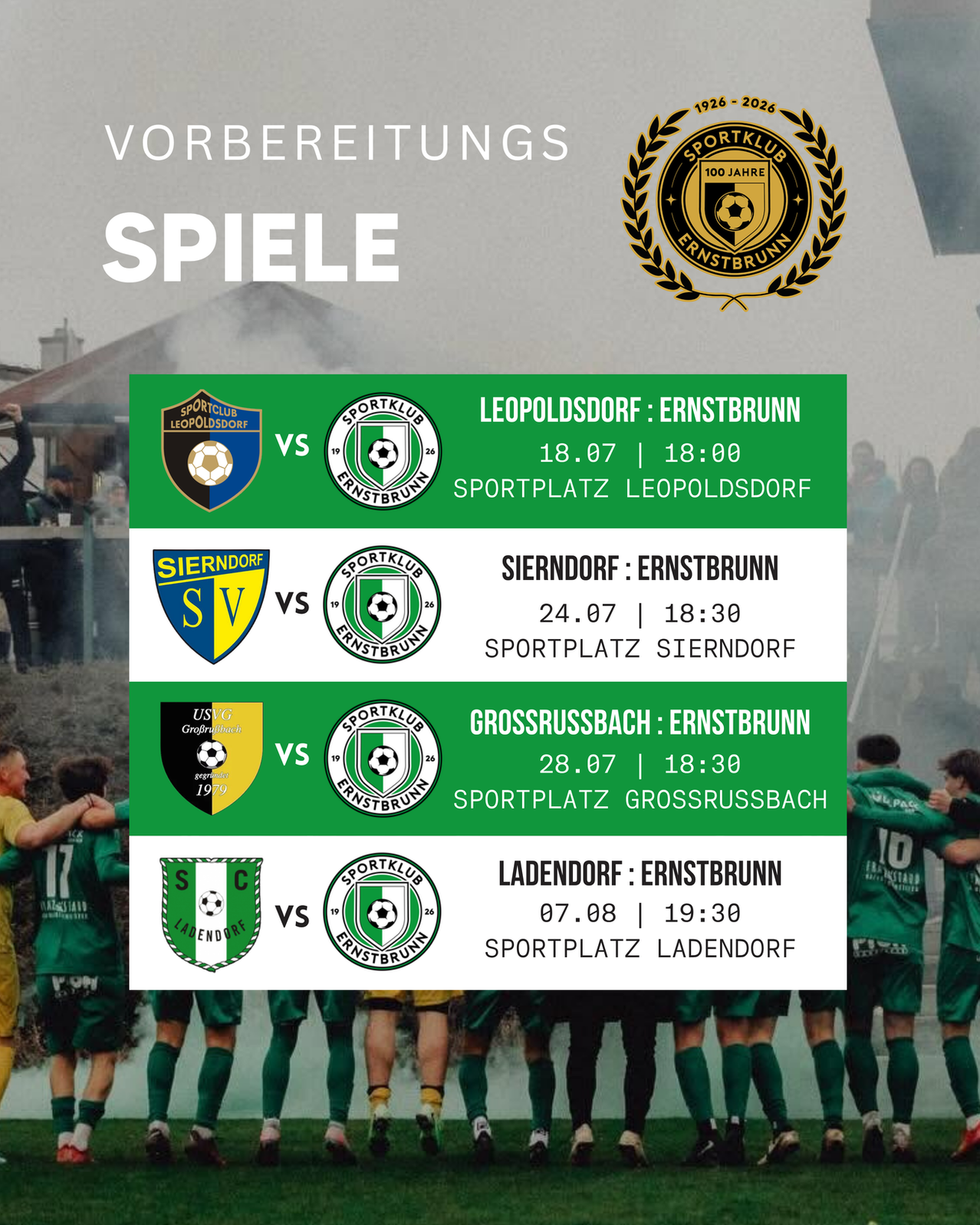 A poster advertising soccer matches between Sportklub Ernstbrunn and various teams on specific dates and locations. The poster includes logos of the teams and the Ernstbrunn emblem.