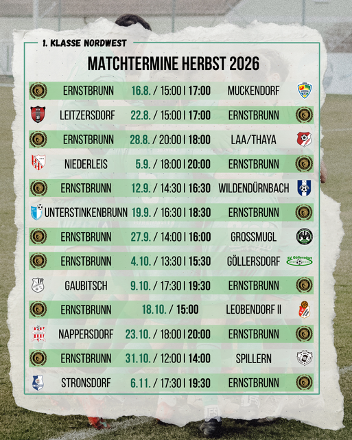 Ein Fußballspielplan für die 1. Klasse Nordwest Herbst 2026 Saison, mit Datum, Uhrzeit und Gegnern für Ernstbrunn. Die Spiele sind von August bis November geplant.
