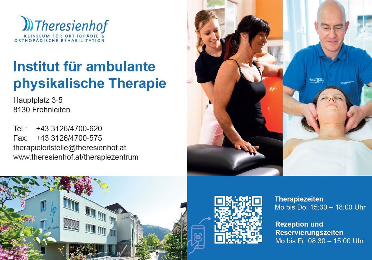 Das Plakat bewirbt ein Rehabilitationszentrum, das ambulante orthopädische Therapie anbietet. Es enthält Kontaktnummern, E-Mail und Therapiezeiten. Ein QR-Code für Reservierungen ist ebenfalls vorhanden.