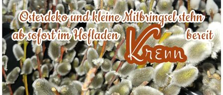 Drei Bilder zeigen Osterdekorationen. Das obere Bild hat eine Vase mit bunten Blumen. Das mittlere Bild zeigt einen Strauß Weidenzweige. Das untere Bild zeigt hölzerne Hasen.