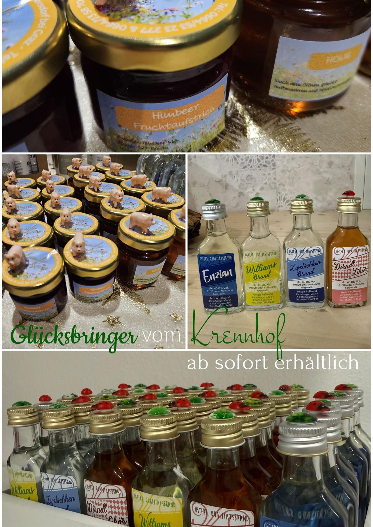 Eine Collage verschiedener Glasgläser mit unterschiedlich gefärbten Deckeln und Schweinfiguren, zusammen mit kleinen Flaschen Likör mit dekorativen Etiketten. Der Text 'Glücksbringer vom Krennhof' steht in Grün. Die Gläser und Flaschen sind ordentlich auf einer weißen Oberfläche angeordnet.