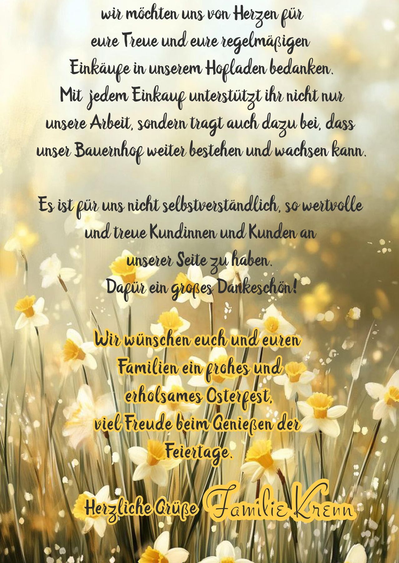 Ein Plakat mit einem Feld gelber und weißer Blumen. In der Mitte steht eine herzliche Botschaft, die den Kunden für ihre Unterstützung dankt und ihnen ein frohes Osterfest wünscht.