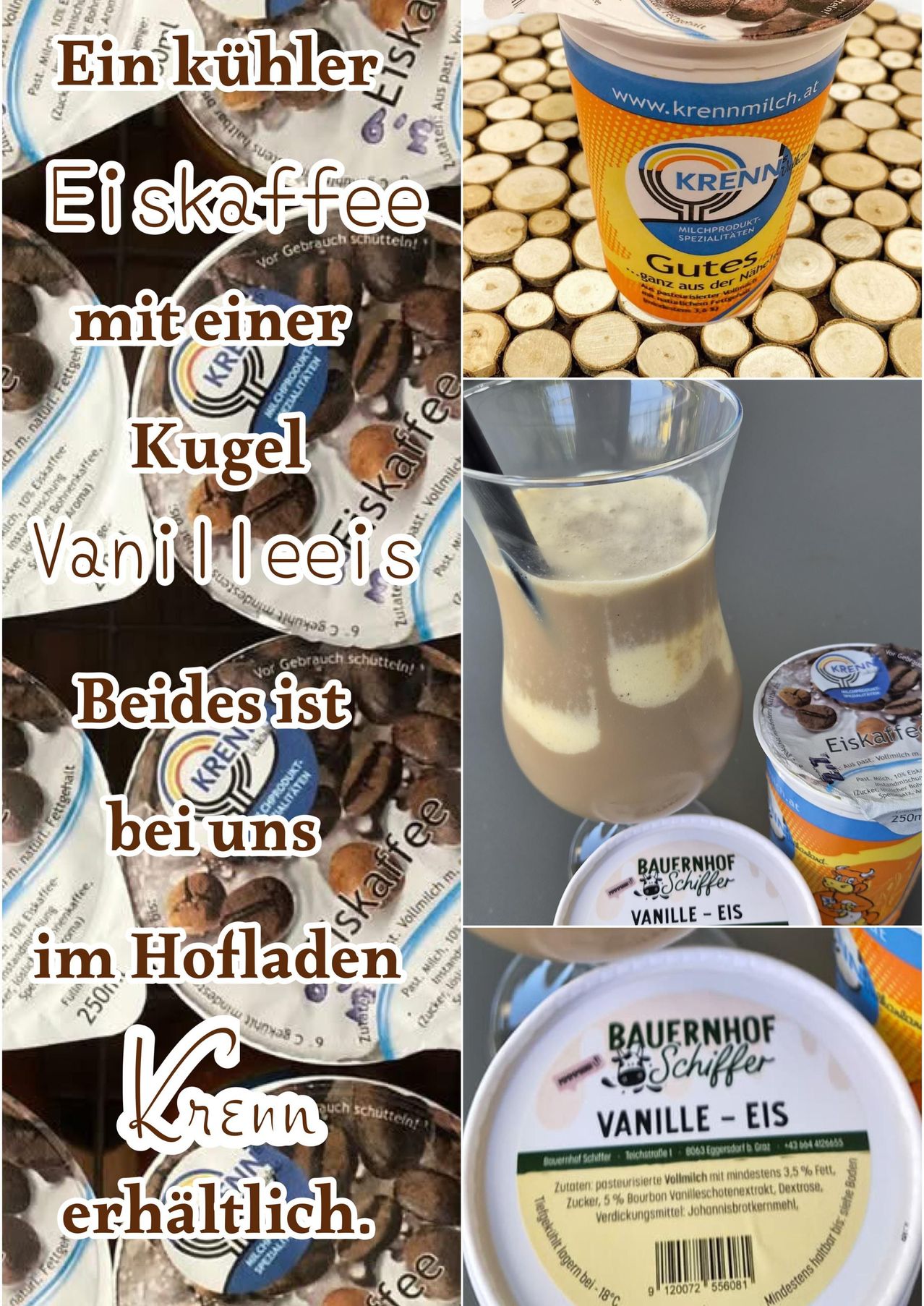 Das Bild zeigt verschiedene Produkte rund um Kaffee, einschließlich Kaffeebohnen, Kaffeeeis und ein Glas Kaffee. Die Produkte sind mit etwas Text auf Deutsch dargestellt.