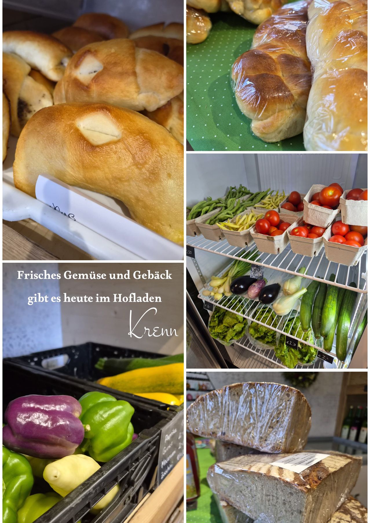 A collage of fresh bread, vegetables, and produce. The top left shows a close-up of a loaf of bread. The top right shows bread wrapped in plastic. The bottom left shows a variety of vegetables in crates. The bottom right shows a refrigerator shelf with various vegetables and fruits.