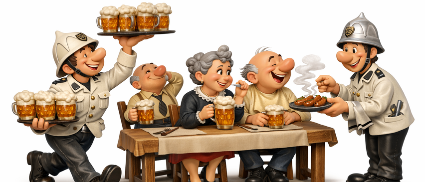 A cartoon image of people sitting around a table with beer mugs and food. A waiter is serving beer on a tray. The people are smiling.