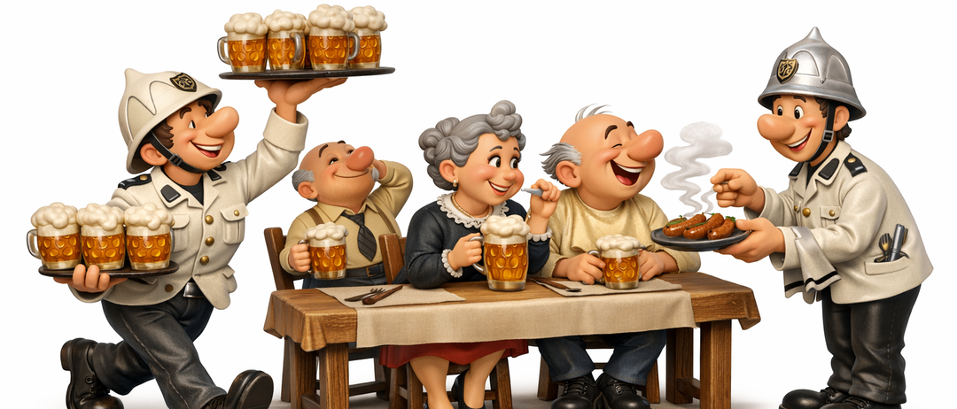Eine Cartoon-Abbildung von Menschen, die um einen Tisch mit Biergläsern und Essen sitzen. Ein Kellner serviert Bier auf einem Tablett. Die Menschen lächeln.
