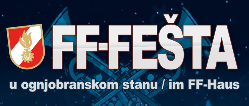 Das FF-Festa-Logo zeigt eine stilisierte Trompete und einen Schild mit rotem und weißem Hintergrund. Der Text ist fett und weiß, vor einem blauen Hintergrund.