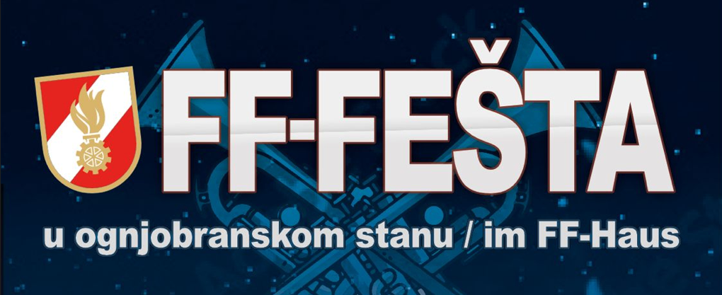 Das FF-Festa-Logo zeigt eine stilisierte Trompete und einen Schild mit rotem und weißem Hintergrund. Der Text ist fett und weiß, vor einem blauen Hintergrund.