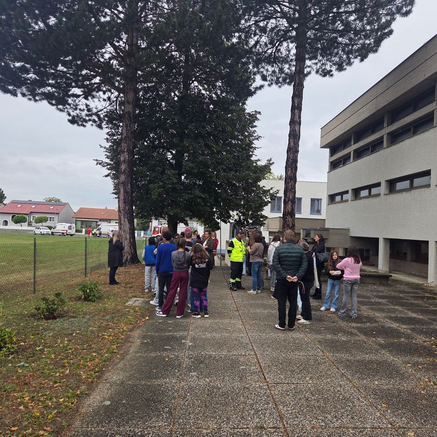 A group of people, possibly students, are standing in a line in front of a building on a cloudy day. Trees and a fence are in the background.