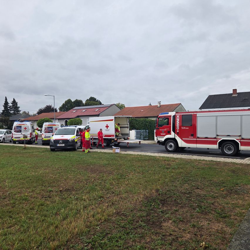 Emergency vehicles are parked on the side of the road, with personnel in reflective vests attending to a situation. The scene is set against a backdrop of houses and cloudy skies.
